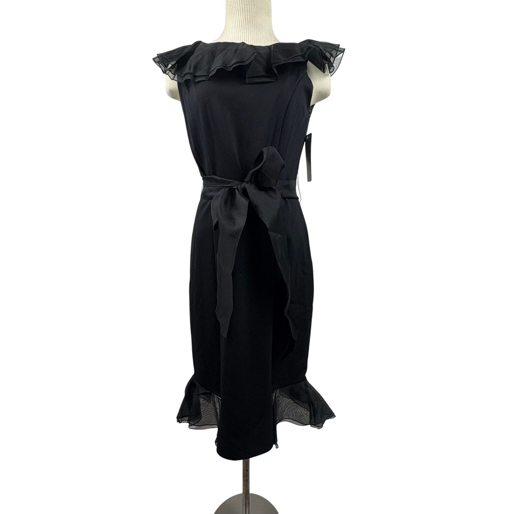 NUE by Shani Black Ruffle Neck Tie Waist Bodycon Dress Size 6